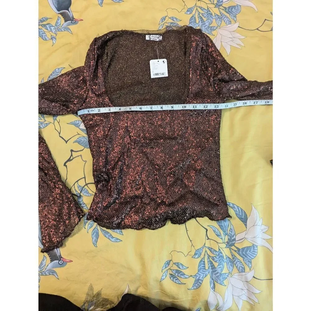 NEW FREE PEOPLE LATE NIGHT DISCO SEQUIN LAYERING TOP BROWN SZ SMALL